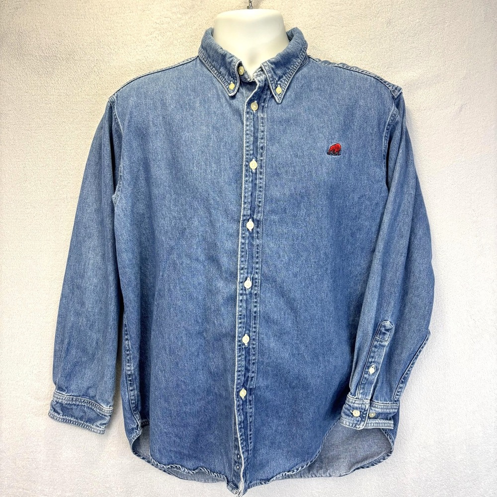 Vintage IMUS Auto Body Button‎ Up Denim Shirt Mens Large Blue Long Sleeve USA